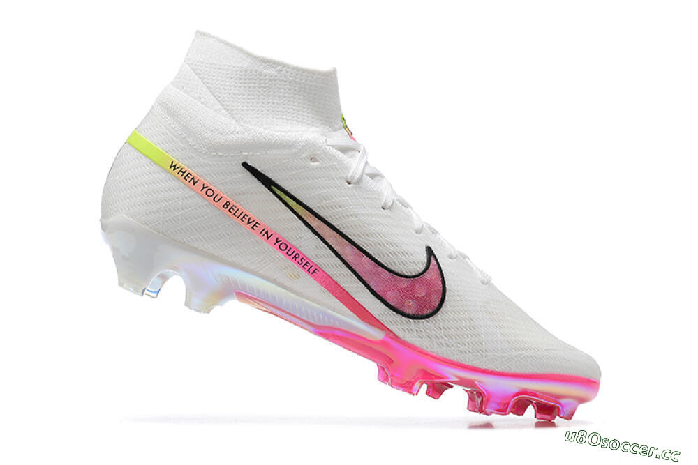 Unisex Nike Air Zoom Mercurial Superfly 9 Elite FG Firm Ground High-Tops Football Boots - White/Pink/Black/Yellow 6