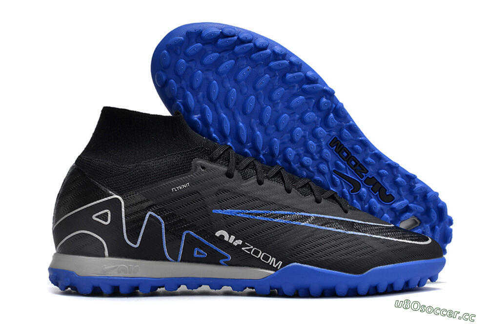 Men's Nike Air Zoom Mercurial Superfly 9 Elite TF Artificial Turf High-Tops Football Shoes - Black/White/Blue 2