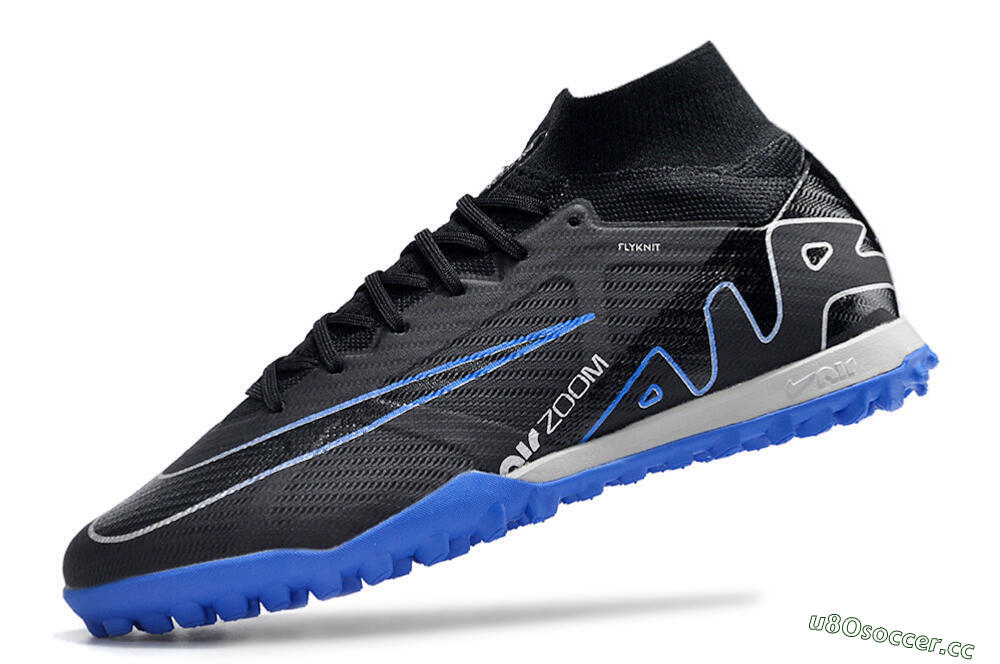 Men's Nike Air Zoom Mercurial Superfly 9 Elite TF Artificial Turf High-Tops Football Shoes - Black/White/Blue 5