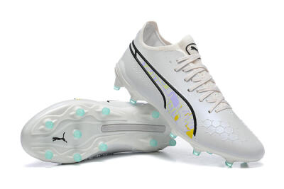 Men's Puma King Ultimate Icon FG Multi Ground Low-Tops Football Boots - White/Black/Green
