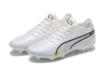 Men's Puma King Ultimate Icon FG Multi Ground Low-Tops Football Boots - White/Black/Green