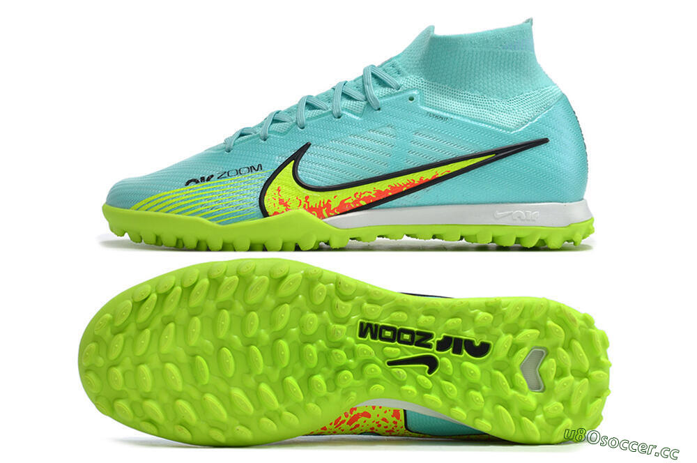 Men's Nike Air Zoom Mercurial Superfly 9 Elite TF Artificial Turf High-Tops Football Shoes - Blue/Green/Black 1