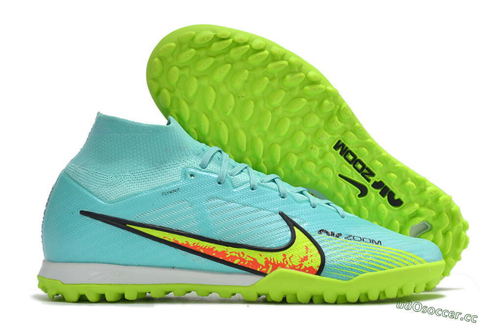 Men's Nike Air Zoom Mercurial Superfly 9 Elite TF Artificial Turf High-Tops Football Shoes - Blue/Green/Black 2