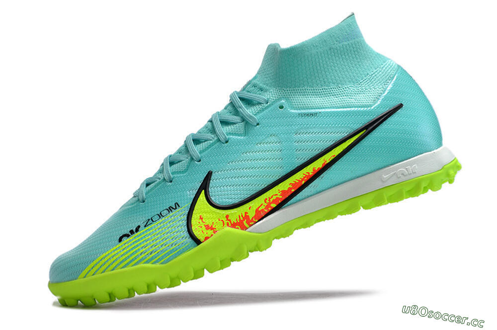 Men's Nike Air Zoom Mercurial Superfly 9 Elite TF Artificial Turf High-Tops Football Shoes - Blue/Green/Black 5