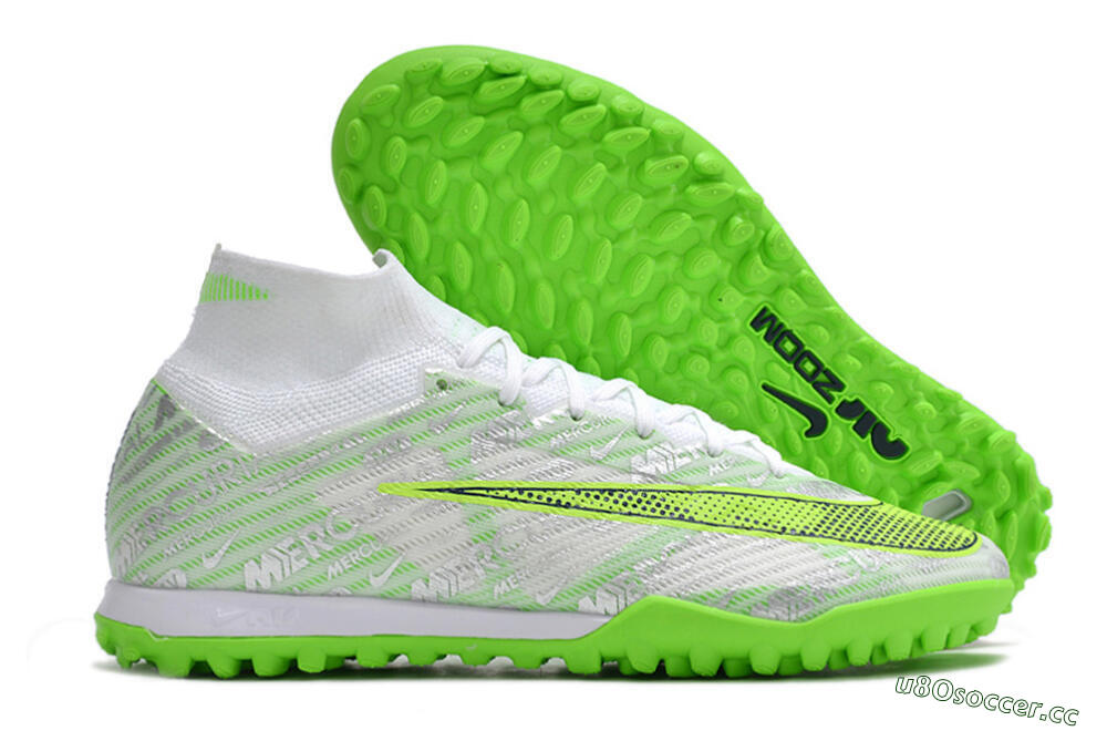 Unisex Nike Air Zoom Mercurial Superfly 9 Elite TF Artificial Turf High-Tops Football Shoes - Green/White/Silver 2