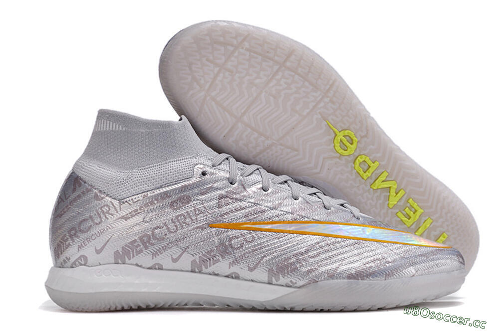 Men's Nike Air Zoom Mercurial Superfly 9 Elite IC Indoor & Futsal High-Tops Football Shoes - Silver/Gold/Yellow 2