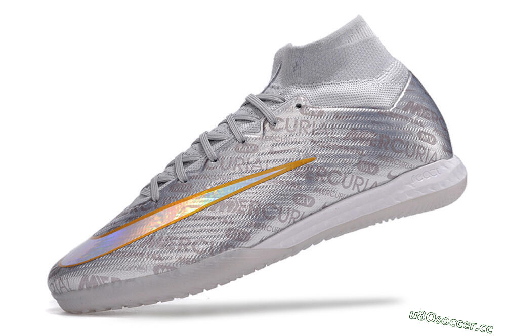 Men's Nike Air Zoom Mercurial Superfly 9 Elite IC Indoor & Futsal High-Tops Football Shoes - Silver/Gold/Yellow 5