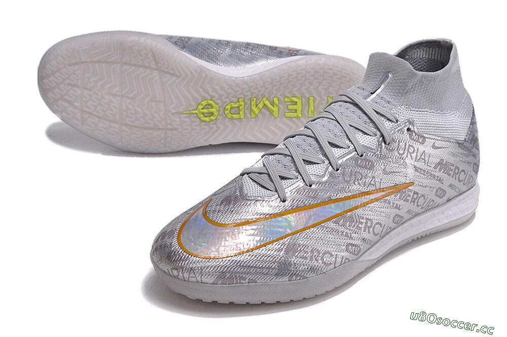 Men's Nike Air Zoom Mercurial Superfly 9 Elite IC Indoor & Futsal High-Tops Football Shoes - Silver/Gold/Yellow 3