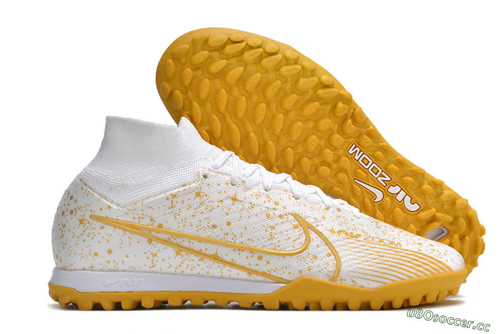 Men's Nike Air Zoom Mercurial Superfly 9 Elite TF Artificial Turf High-Tops Football Shoes - White/Gold 2