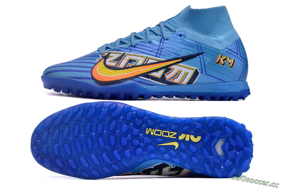 Men's Kylian Mbappe x Nike Air Zoom Mercurial Superfly 9 Elite TF Artificial Turf High-Tops Football Shoes - Blue/Yellow/Black 1