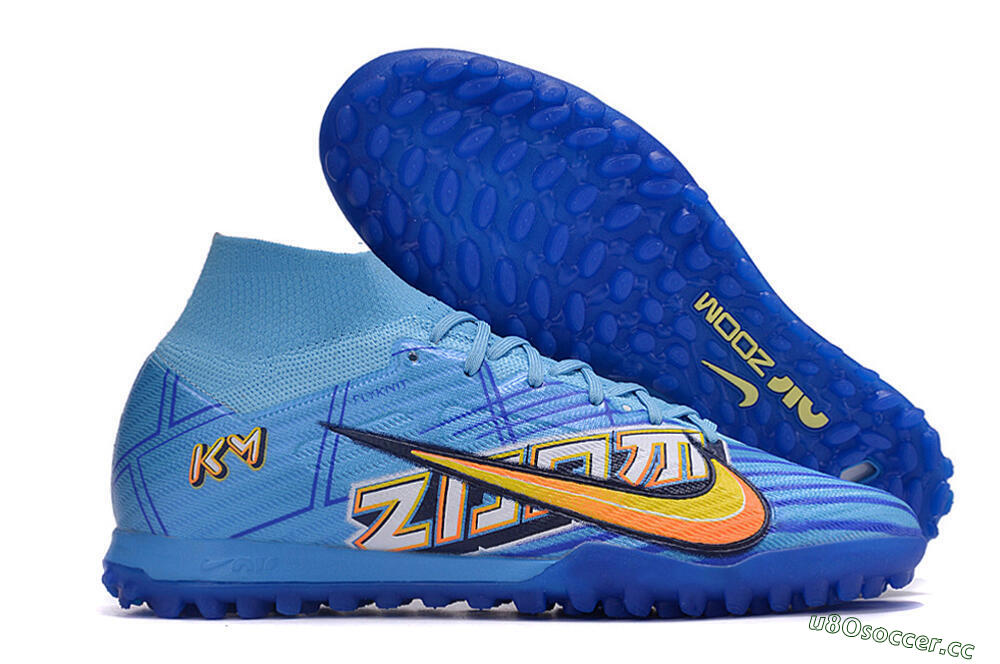 Men's Kylian Mbappe x Nike Air Zoom Mercurial Superfly 9 Elite TF Artificial Turf High-Tops Football Shoes - Blue/Yellow/Black 2