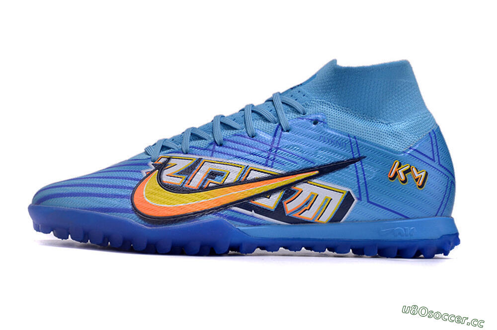 Men's Kylian Mbappe x Nike Air Zoom Mercurial Superfly 9 Elite TF Artificial Turf High-Tops Football Shoes - Blue/Yellow/Black 0