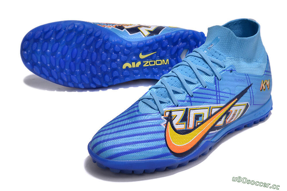 Men's Kylian Mbappe x Nike Air Zoom Mercurial Superfly 9 Elite TF Artificial Turf High-Tops Football Shoes - Blue/Yellow/Black 3