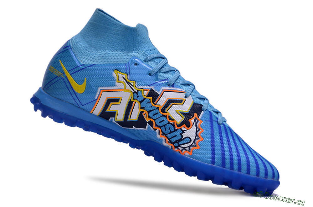 Men's Kylian Mbappe x Nike Air Zoom Mercurial Superfly 9 Elite TF Artificial Turf High-Tops Football Shoes - Blue/Yellow/Black 4