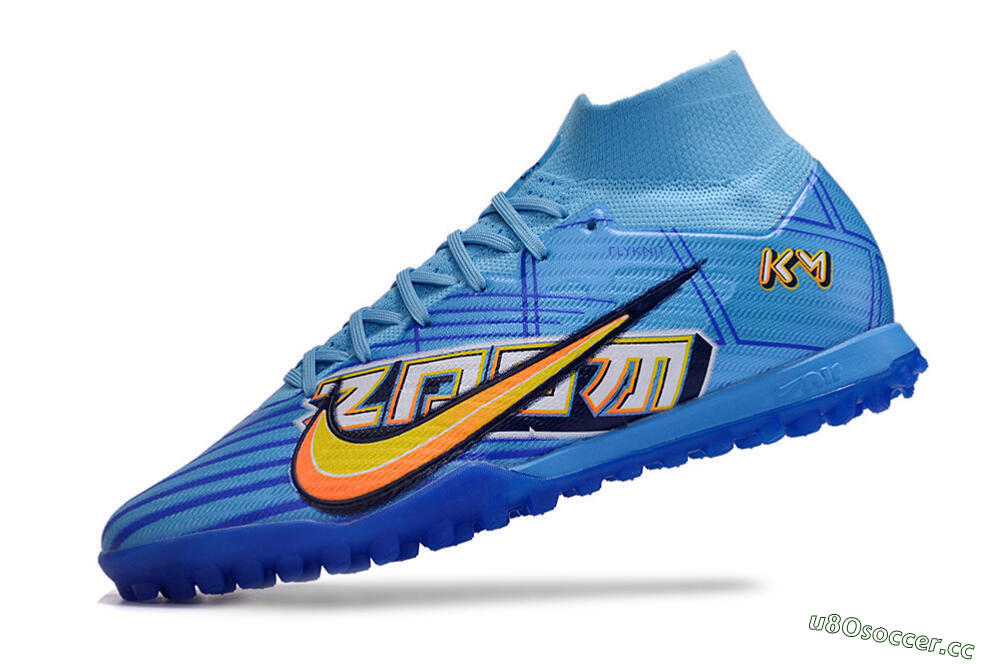 Men's Kylian Mbappe x Nike Air Zoom Mercurial Superfly 9 Elite TF Artificial Turf High-Tops Football Shoes - Blue/Yellow/Black 5
