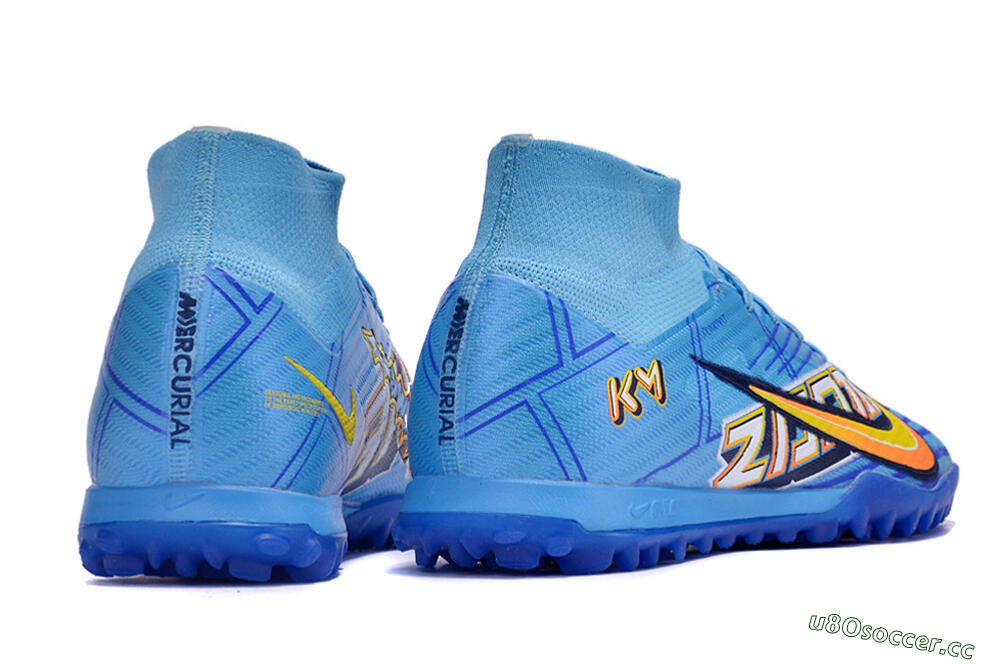 Men's Kylian Mbappe x Nike Air Zoom Mercurial Superfly 9 Elite TF Artificial Turf High-Tops Football Shoes - Blue/Yellow/Black 6