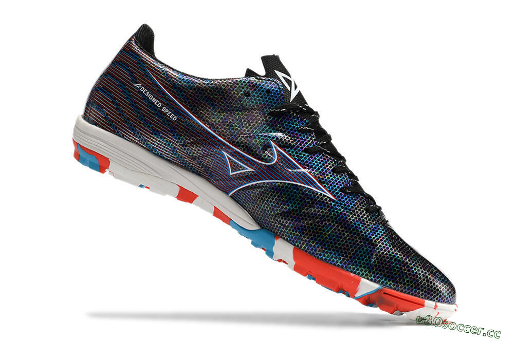 Men's Mizuno Alpha Made in Japan TF Artificial Turf Low-Tops Football Shoes - Black/Red/Blue 6