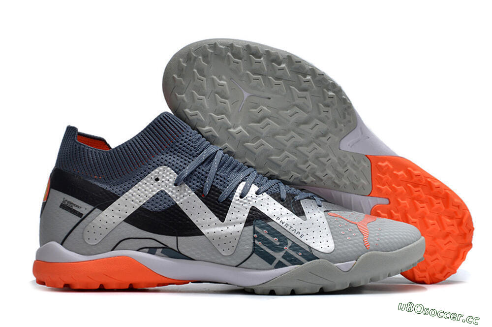 Men's Puma Future X Powercat Tokyo Match TF Artificial Turf Low-Tops Football Shoes - Grey/Silver/Orange 2