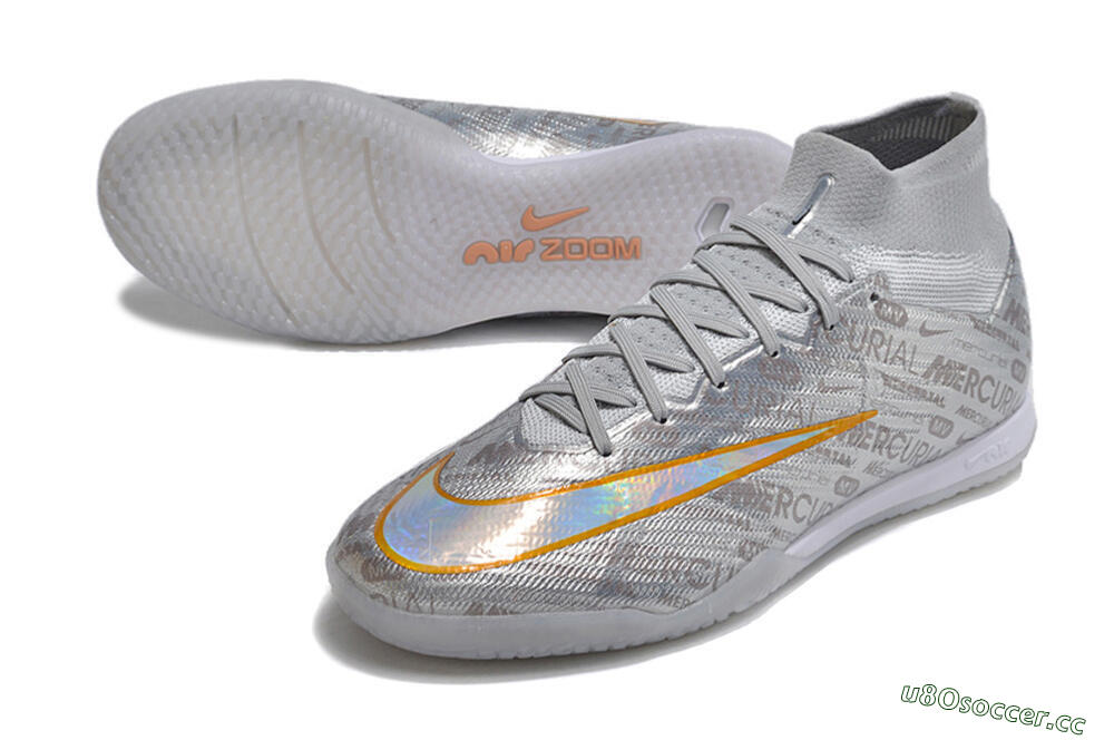 Men's Nike Air Zoom Mercurial Superfly 9 Elite IC Indoor & Futsal High-Tops Football Shoes - Silver/Gold 3