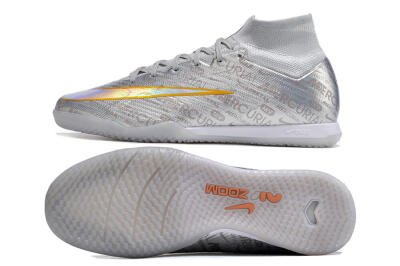 Men's Nike Air Zoom Mercurial Superfly 9 Elite IC Indoor & Futsal High-Tops Football Shoes - Silver/Gold