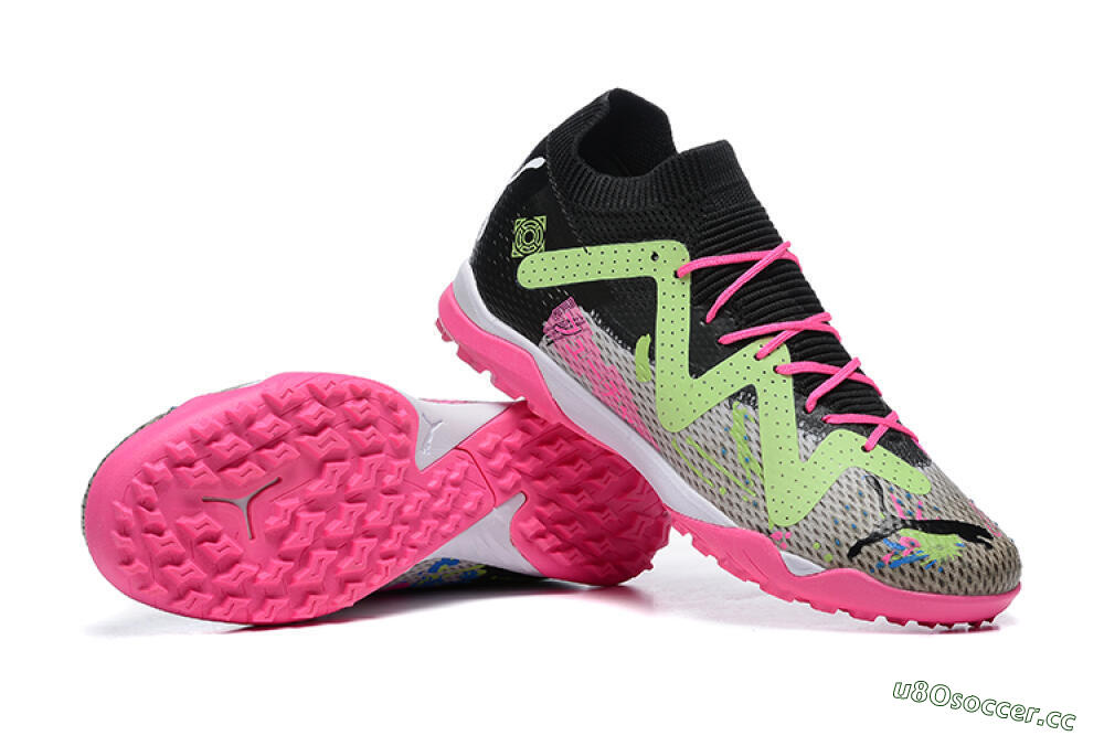Men's Puma Future Ultimate TF Artificial Turf Low-Tops Football Shoes - Black/Grey/Green/Pink 4