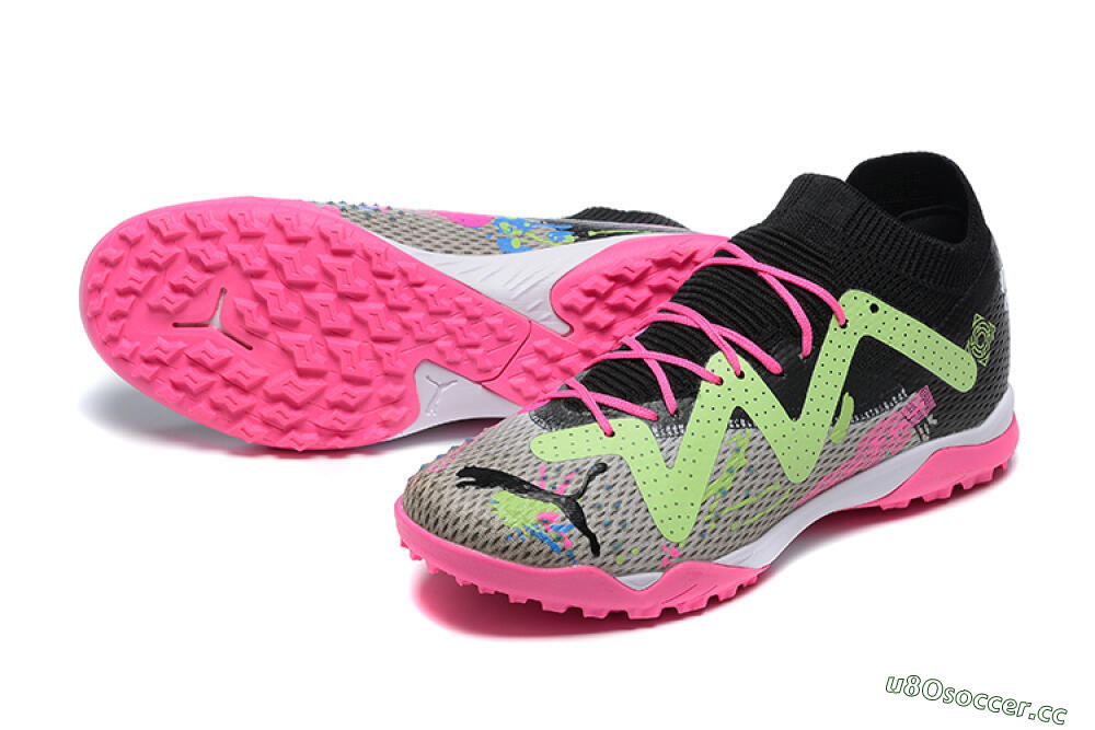 Men's Puma Future Ultimate TF Artificial Turf Low-Tops Football Shoes - Black/Grey/Green/Pink 3
