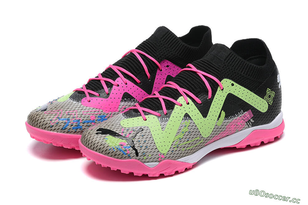 Men's Puma Future Ultimate TF Artificial Turf Low-Tops Football Shoes - Black/Grey/Green/Pink 9