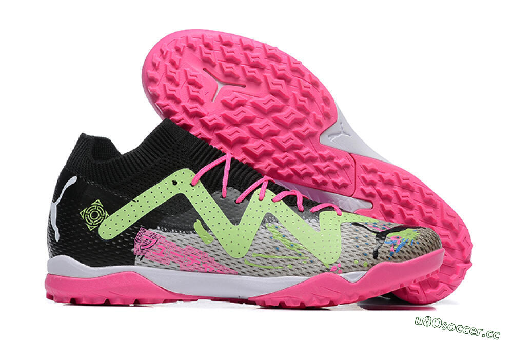 Men's Puma Future Ultimate TF Artificial Turf Low-Tops Football Shoes - Black/Grey/Green/Pink 2