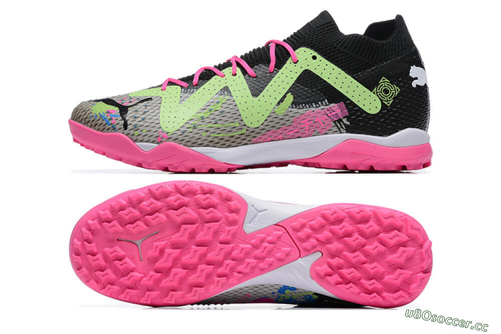 Men's Puma Future Ultimate TF Artificial Turf Low-Tops Football Shoes - Black/Grey/Green/Pink 1