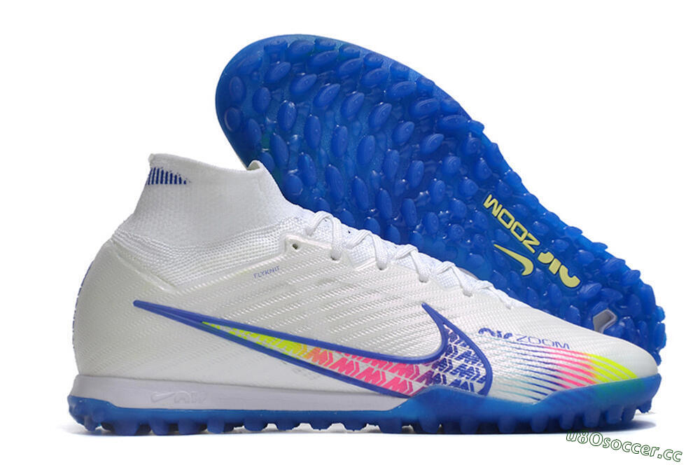 Men's Nike Air Zoom Mercurial Superfly 9 Elite TF Artificial Turf High-Tops Football Shoes - White/Blue/Pink 2