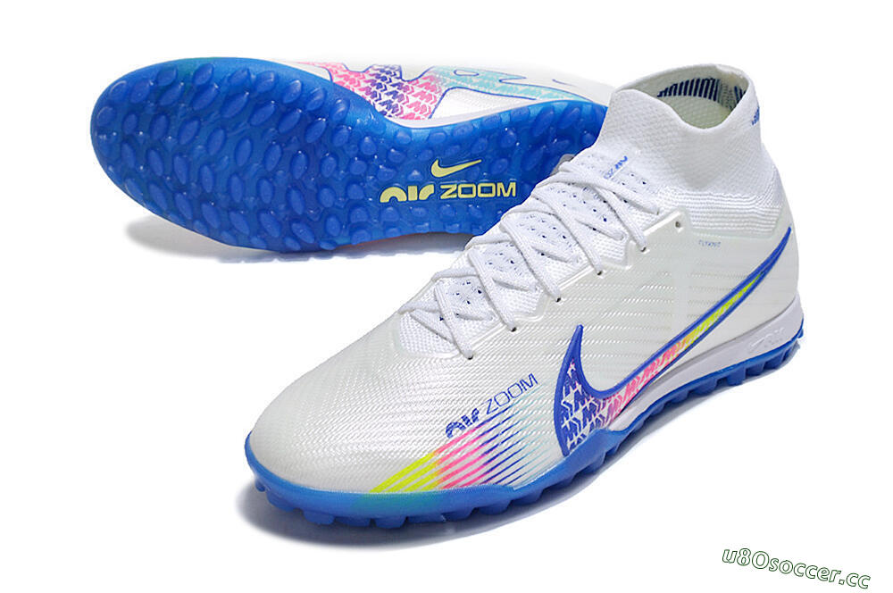 Men's Nike Air Zoom Mercurial Superfly 9 Elite TF Artificial Turf High-Tops Football Shoes - White/Blue/Pink 3