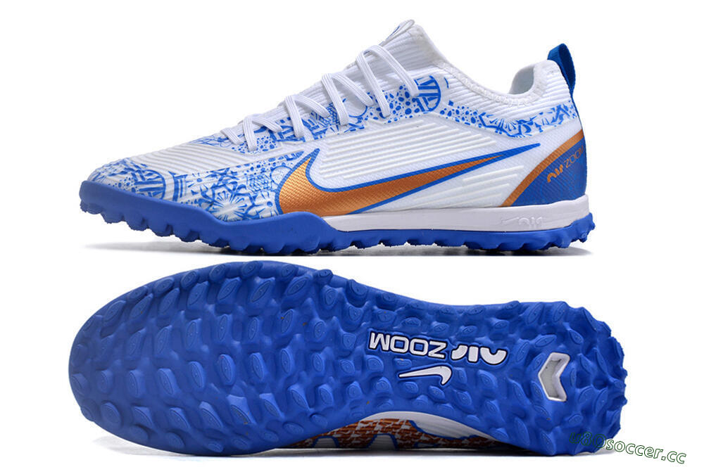 Unisex Nike Air Zoom Mercurial Vapor 15 Pro TF Artificial Turf Low-Tops Football Shoes - White/Blue/Gold 1