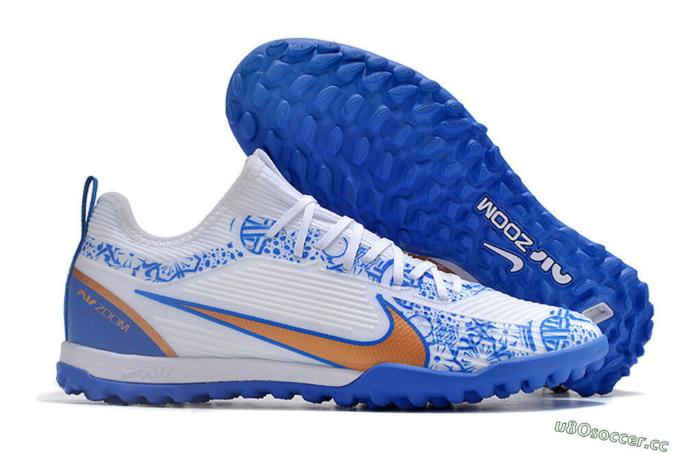 Unisex Nike Air Zoom Mercurial Vapor 15 Pro TF Artificial Turf Low-Tops Football Shoes - White/Blue/Gold 2