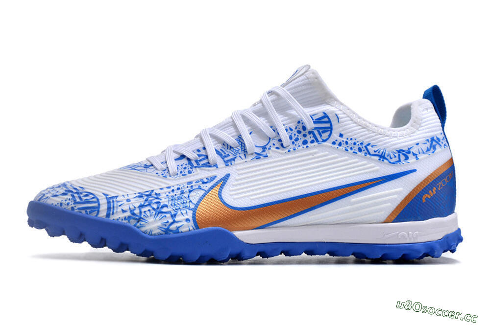 Unisex Nike Air Zoom Mercurial Vapor 15 Pro TF Artificial Turf Low-Tops Football Shoes - White/Blue/Gold 0