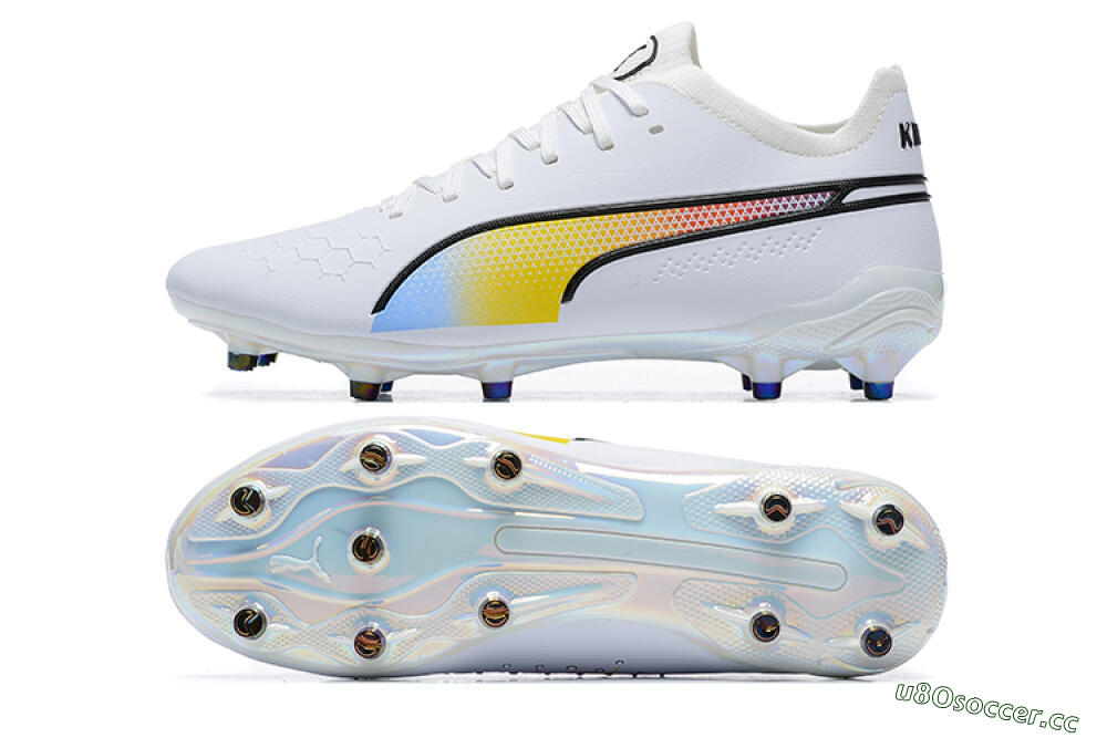 Men's Puma King Ultimate Icon MG Multi Ground Low-Tops Football Boots - White/Blue/Yellow/Red 1