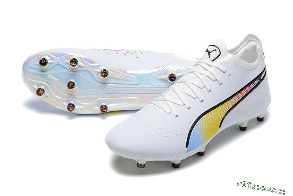 Men's Puma King Ultimate Icon MG Multi Ground Low-Tops Football Boots - White/Blue/Yellow/Red 3