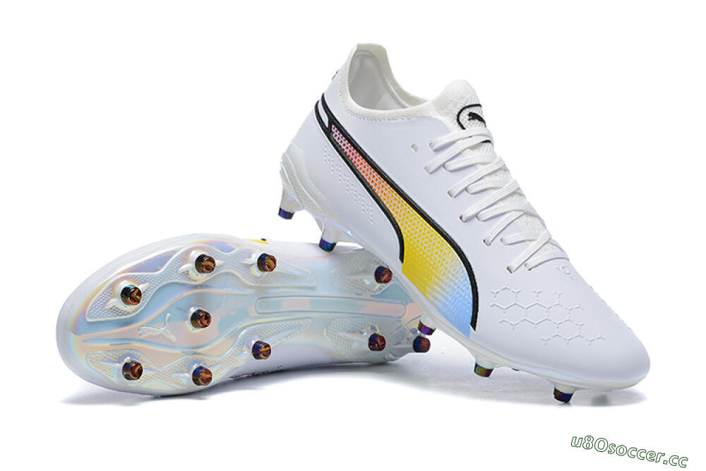 Men's Puma King Ultimate Icon MG Multi Ground Low-Tops Football Boots - White/Blue/Yellow/Red 4