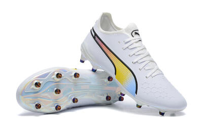 Men's Puma King Ultimate Icon MG Multi Ground Low-Tops Football Boots - White/Blue/Yellow/Red