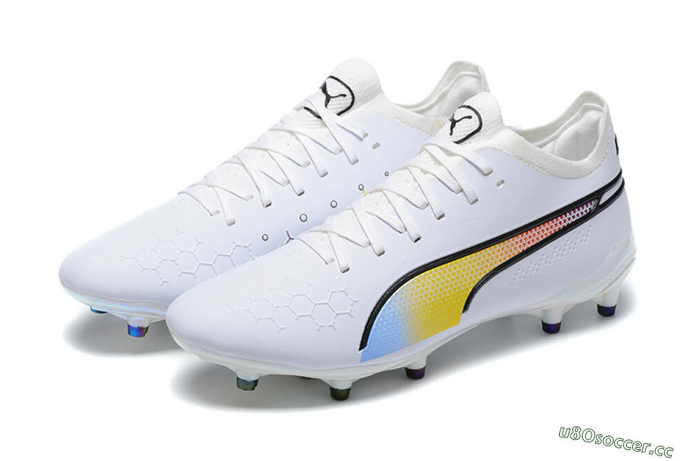 Men's Puma King Ultimate Icon MG Multi Ground Low-Tops Football Boots - White/Blue/Yellow/Red 5