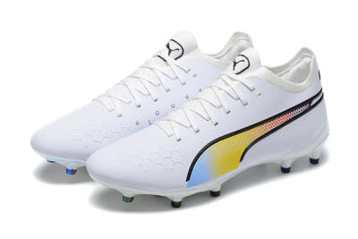 Men's Puma King Ultimate Icon MG Multi Ground Low-Tops Football Boots - White/Blue/Yellow/Red
