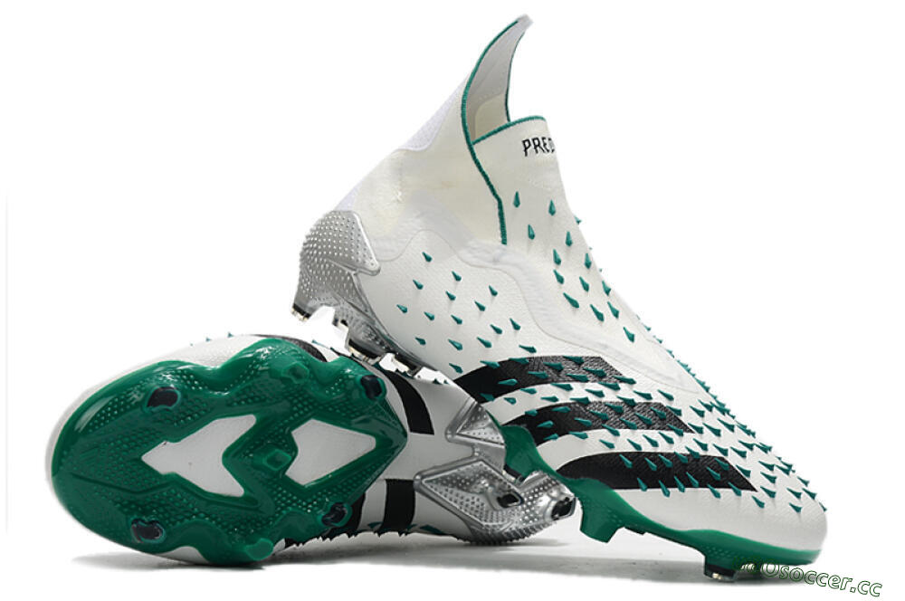Unisex Adidas Predator Freak+ FG Firm Ground High-Tops Football Boots - White/Black/Green 3