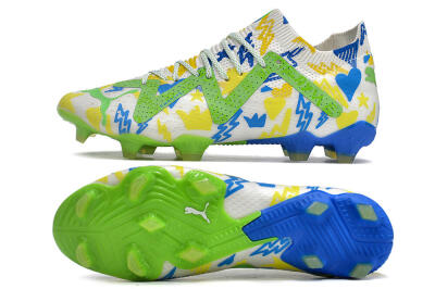 Men's Puma Future Ultimate DNA FG Firm Ground Low-Tops Football Boots - White/Blue/Yellow/Green