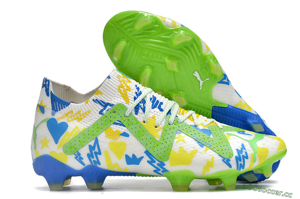 Men's Puma Future Ultimate DNA FG Firm Ground Low-Tops Football Boots - White/Blue/Yellow/Green 2