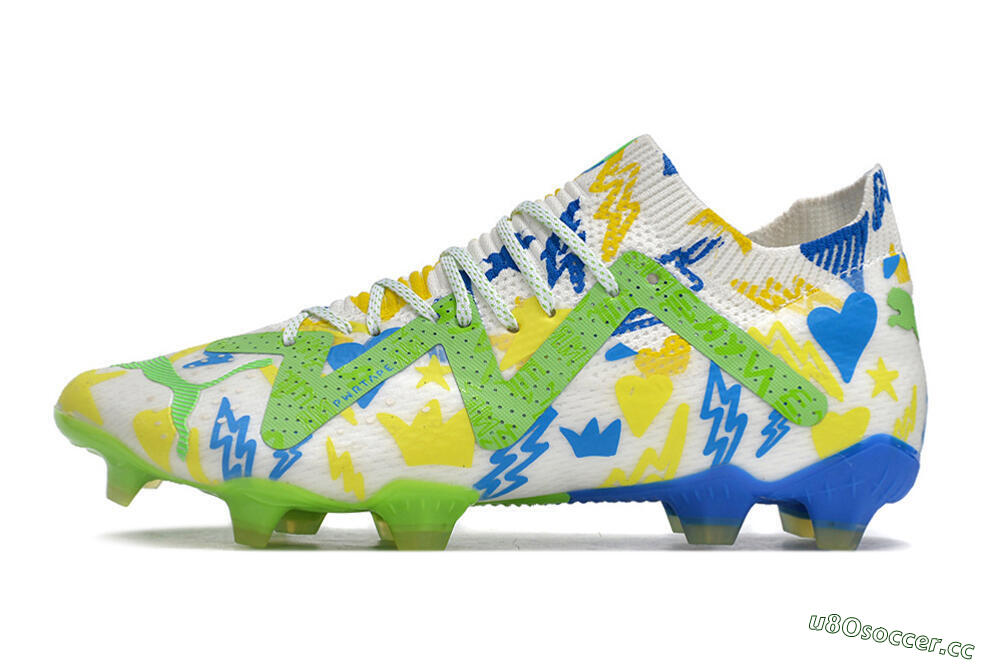 Men's Puma Future Ultimate DNA FG Firm Ground Low-Tops Football Boots - White/Blue/Yellow/Green 0