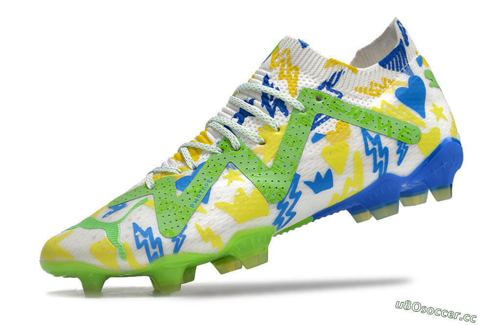 Men's Puma Future Ultimate DNA FG Firm Ground Low-Tops Football Boots - White/Blue/Yellow/Green 5