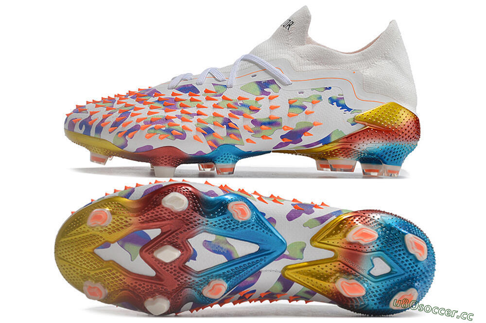 Unisex Adidas Predator Freak.1 Low FG Firm Ground High-Tops Football Boots - White/Blue/Orange/Gold 1