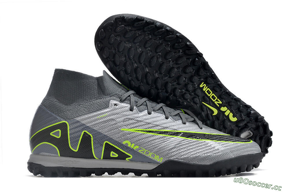 Men's Nike Air Zoom Mercurial Superfly 9 Elite TF Artificial Turf High-Tops Football Shoes - Silver/Grey/Black/Green 2