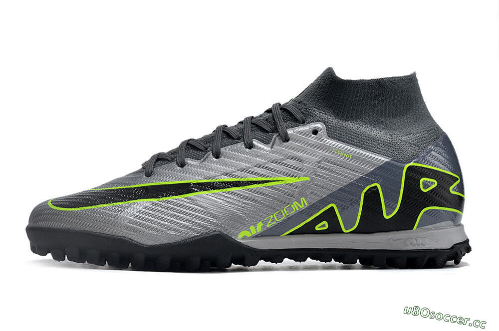 Men's Nike Air Zoom Mercurial Superfly 9 Elite TF Artificial Turf High-Tops Football Shoes - Silver/Grey/Black/Green 0