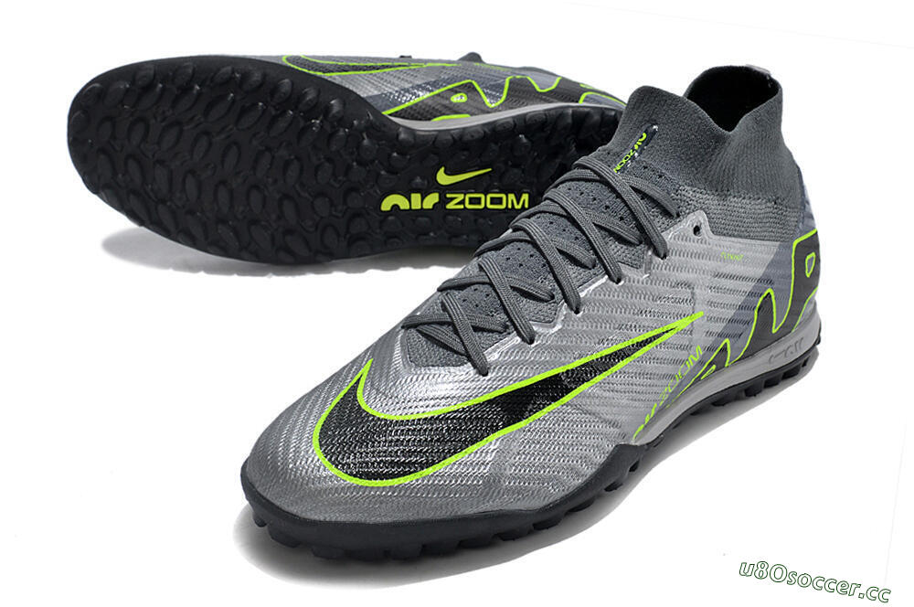 Men's Nike Air Zoom Mercurial Superfly 9 Elite TF Artificial Turf High-Tops Football Shoes - Silver/Grey/Black/Green 3