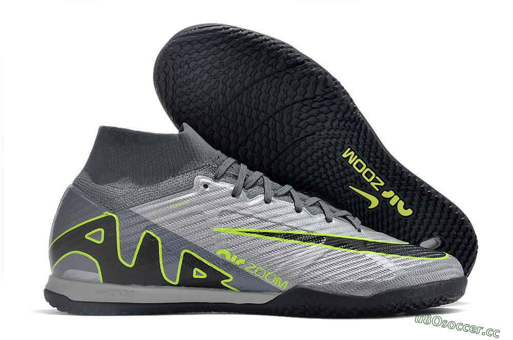 Men's Nike Air Zoom Mercurial Superfly 9 Elite IC Indoor & Futsal High-Tops Football Shoes - Silver/Grey/Black/Green 2